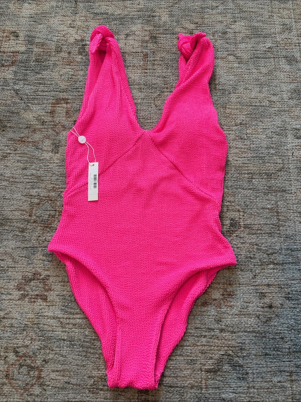 Citrine Laurel Hot Pink Textured V-Neck One-Piece Swimsuit with Knotted Straps